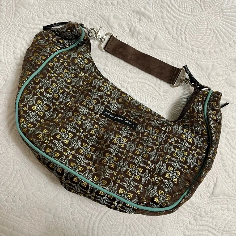PETUNIA PICKLE BOTTOM Touring Tote Teal Brown Gold Brocade Accessories Included